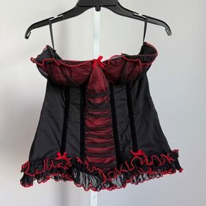 Coquette sz M Black Red Mesh‎ Corset Bustier Goth Witchy Whimsygoth